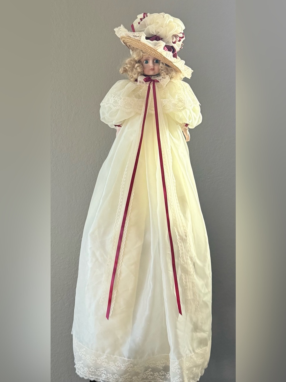Vintage Victorian Porcelain Doll With Straw Hat Elaborate Lace Gown With Stand